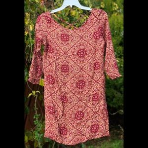 Y2K Boho Paisley Print Burgundy Dress 3/4 sleeve size small
